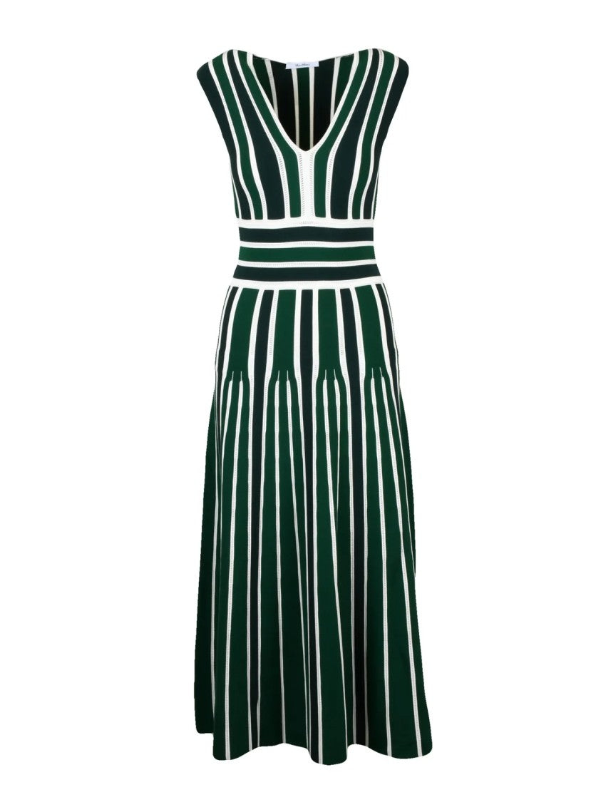 Max Mara Sleeveless Striped Knit Dress With Deep V-Neckline And Flared Skirt