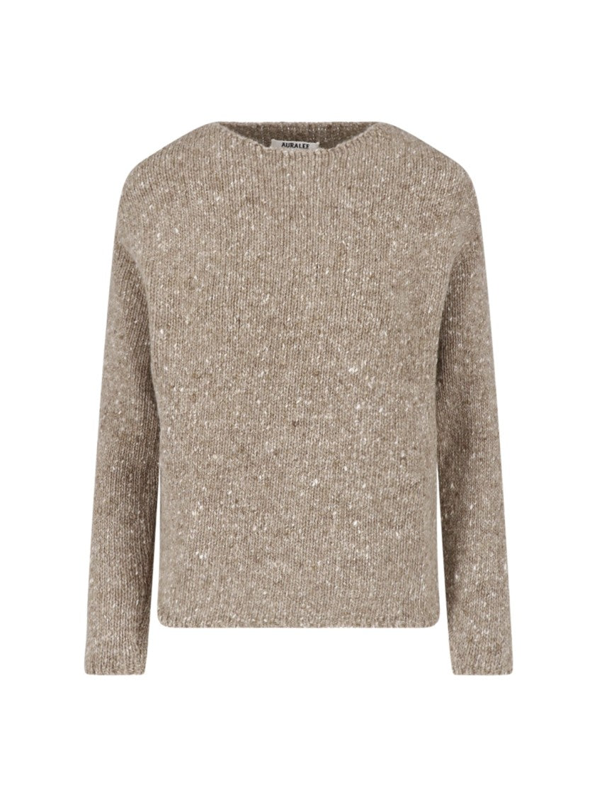 Auralee Light Brown Speckled Crewneck Wool Sweater