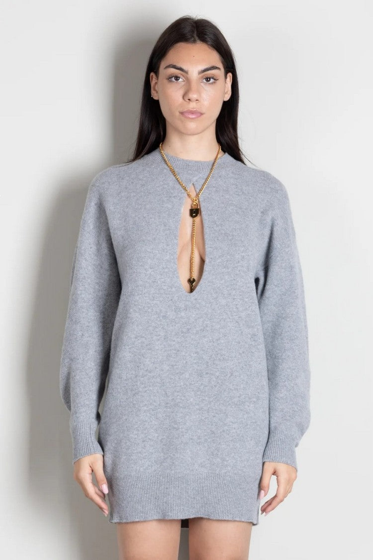 Elisabetta Franchi Grey Oversized Keyhole Chain Knit Mini Dress