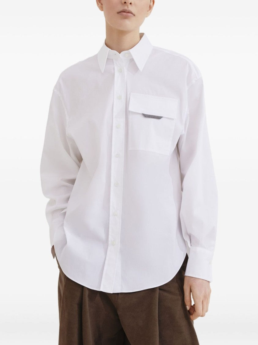 Brunello Cucinelli Classic White Shirt With Pointed Collar And Modern Mesh Detail