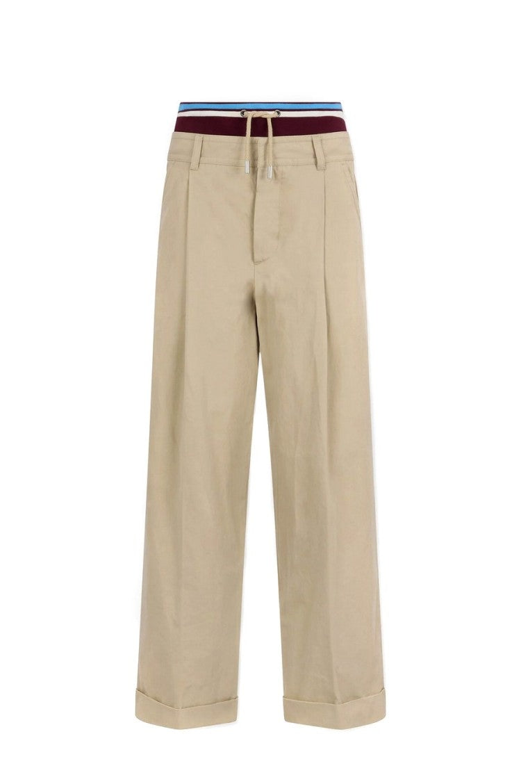 Dsquared2 Beige Contrast Striped Waistband Pleated Cotton Wide-Leg Pants