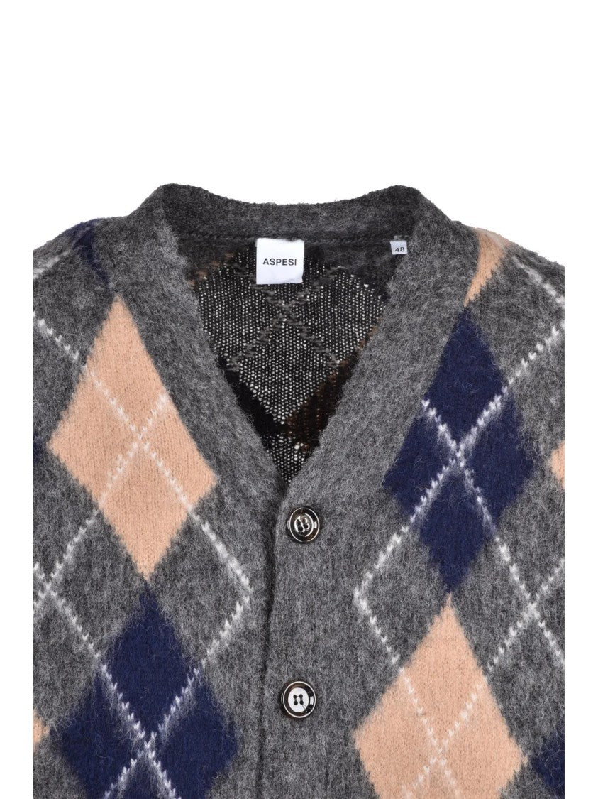 Aspesi Grey/Beige Argyle Pattern V-Neck Wool Cardigan