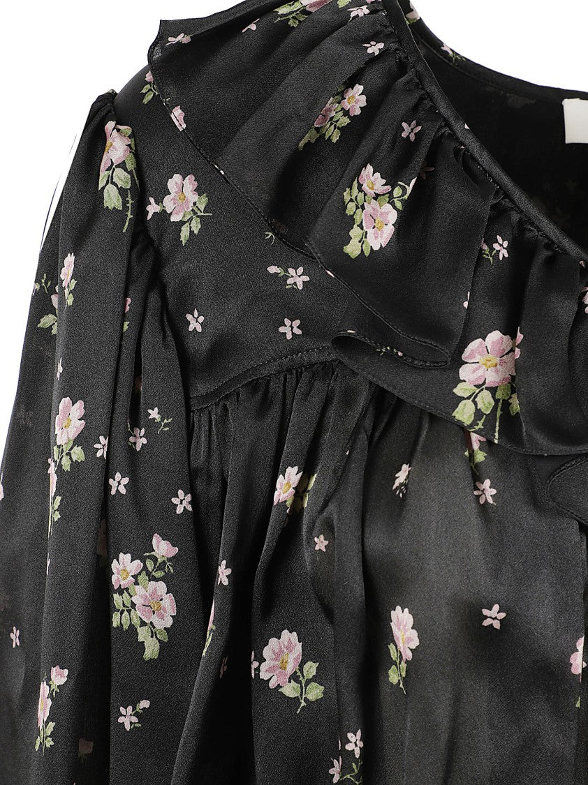 Chloé V-Neck Maxi Gathered Ruffle Top In Silk Charmeuse