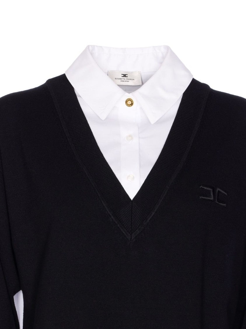 Elisabetta Franchi Layered Black Dress With V-Neck And Logo Detail