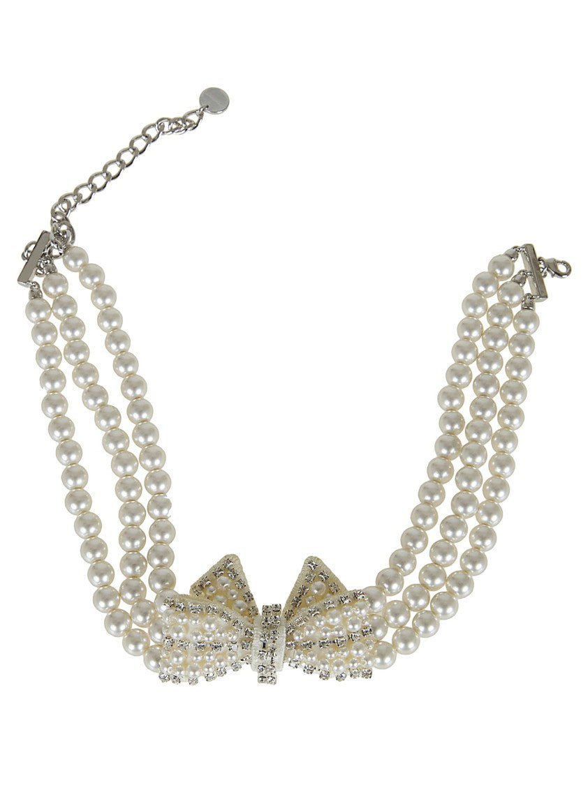 Self-Portrait Satin Bow Necklace With Faux Pearls And Crystal Accents