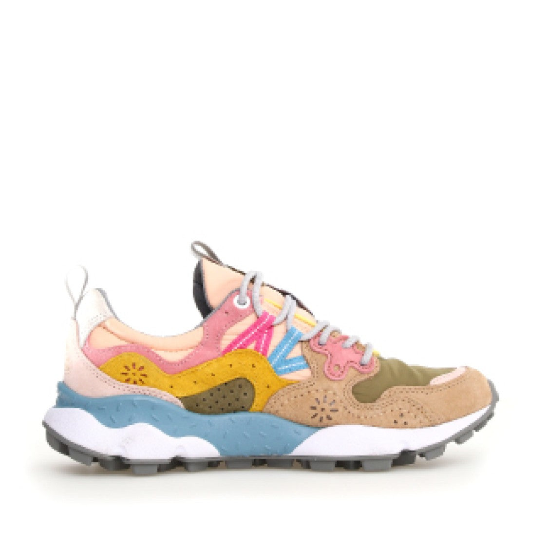 Flower Mountain Yamano In Beige Suede And Olive Green Fabric Sneakers