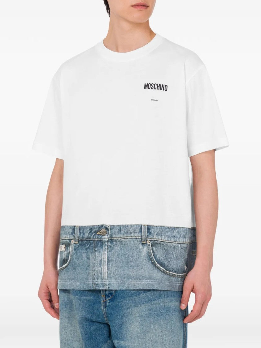 Moschino White T-Shirt With Denim-Inspired Hem Design