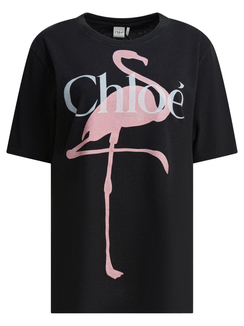 Chloé Oversized Cotton T-Shirt With Appliqué Flamingo Graphic