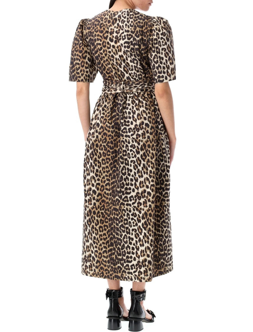 Ganni Leopard Printed Tie Strap Midi Dress