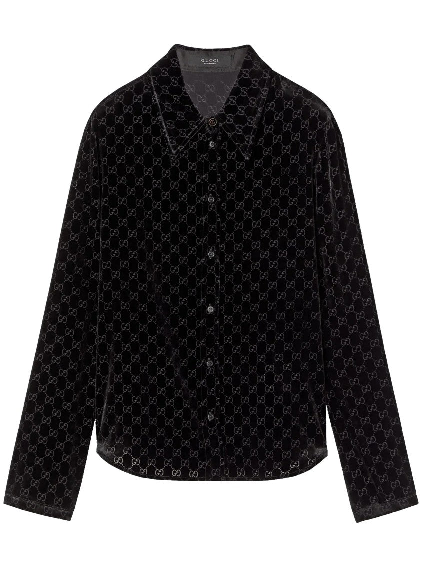 Gucci Black Cropped Velvet Monogrammed Shirt