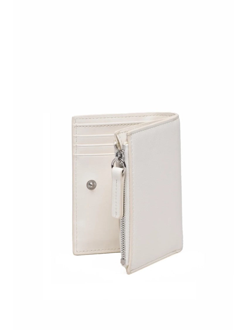 Diesel Compact White Leather Wallet With Zippered Compartment And Metallic Emblem