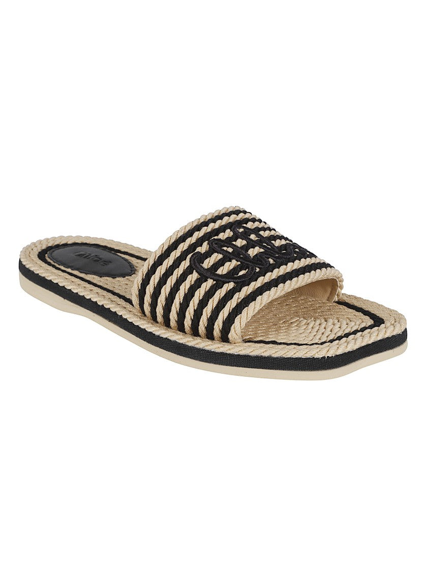 Chloé Raffia Flat Sandals With Striped Embroidery And Embossed Logo