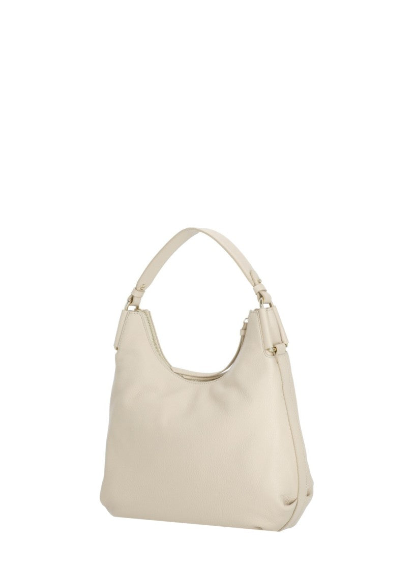 Coccinelle Beige Pebbled Leather Shoulder Bag With Adjustable Strap