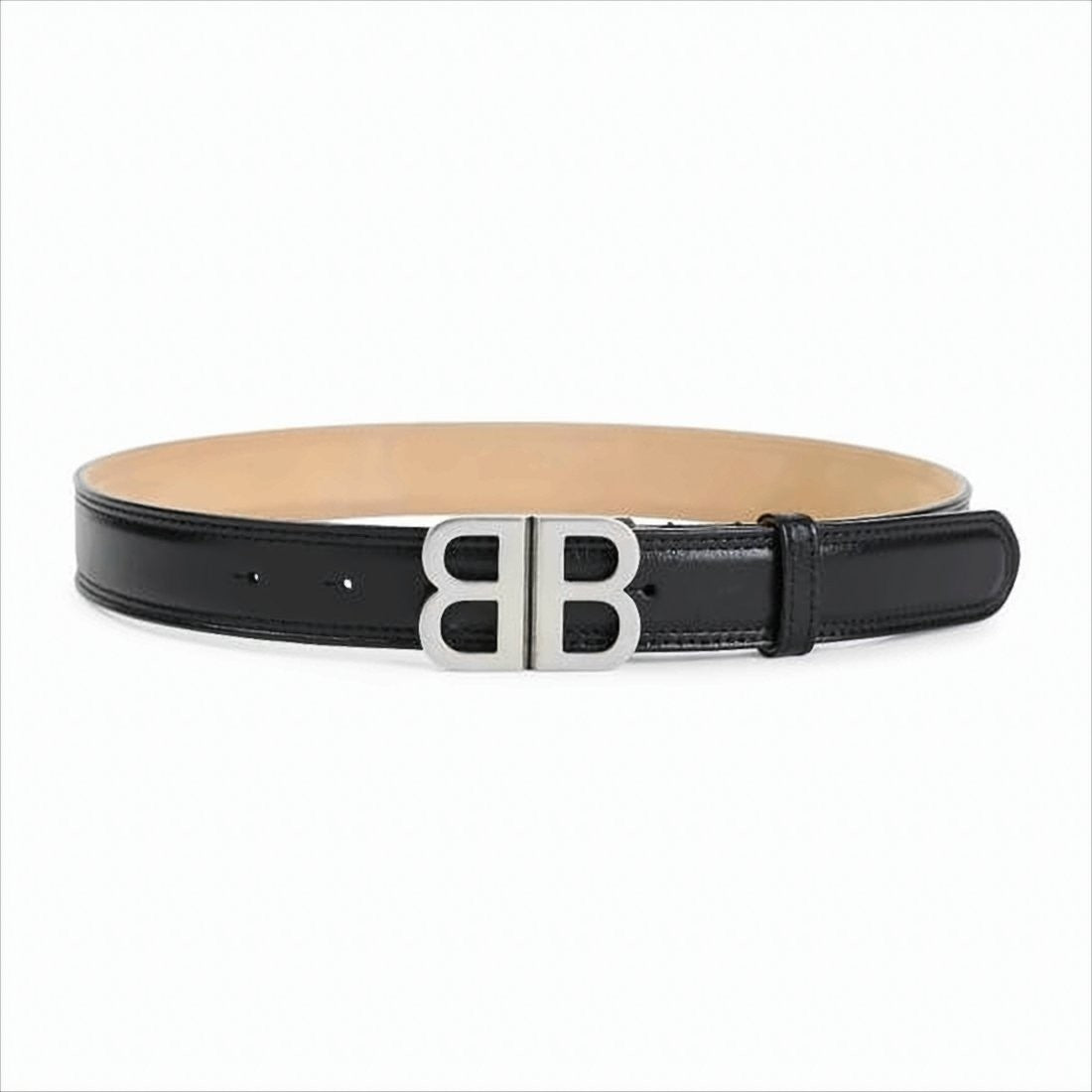 Balenciaga Smooth Black Leather Belt With Distinctive Silver-Tone Buckle