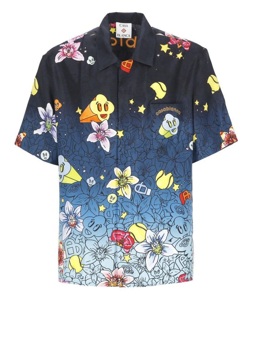 Casablanca Blue Collage Graffiti Silk Shirt