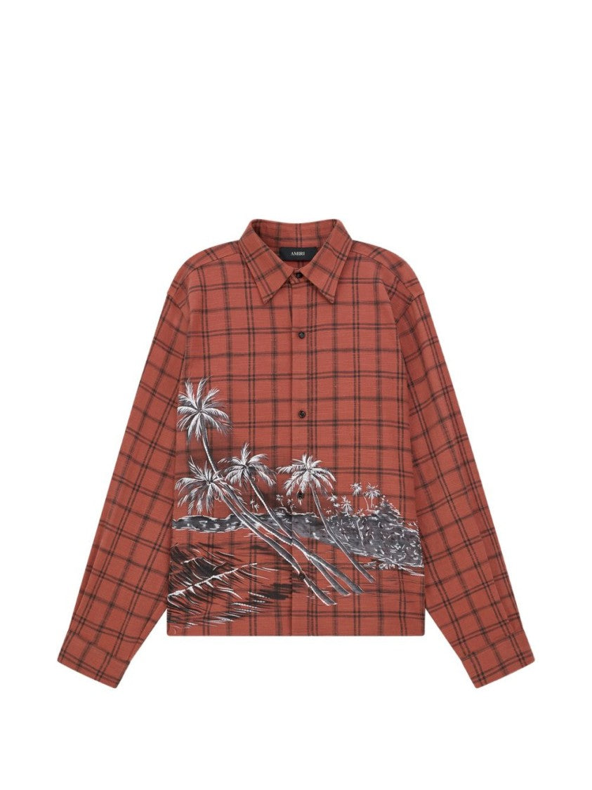 Amiri Rust Checkered Palm Tree Casual Shirt