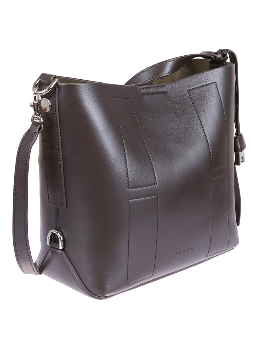 Hogan Dark Brown Leather Hobo Bag With Embossed Logo