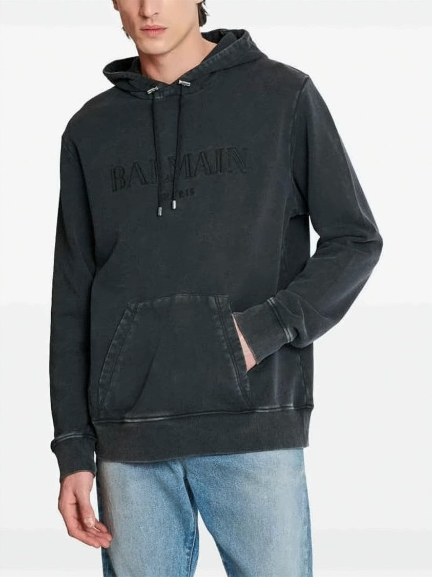 Balmain Washed Black Relaxed-Fit Hoodie With Embossed Logo