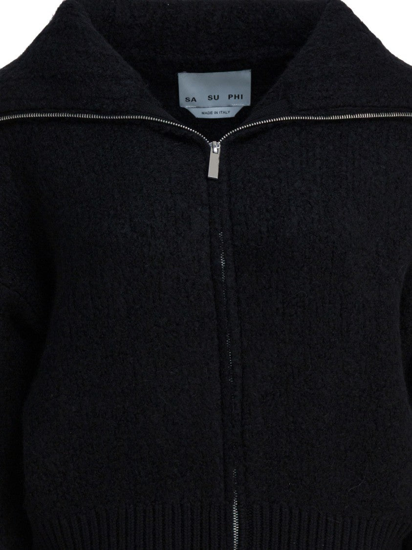 Sa Su Phi Textured Knit Jacket With Wide Collar And Front Zipper Closure