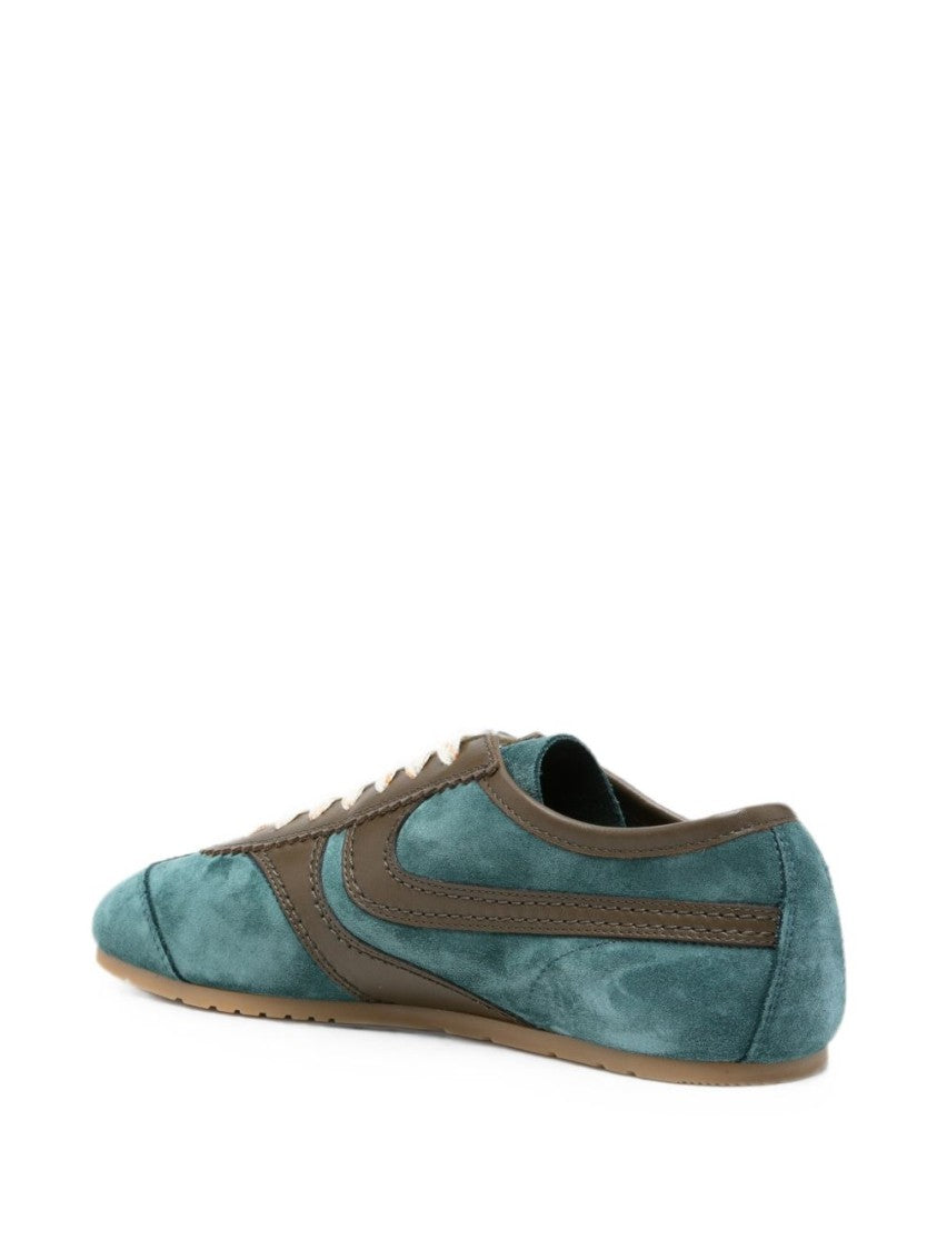 Dries Van Noten Teal Suede And Dark Brown Leather Sneakers With Minimalist Design
