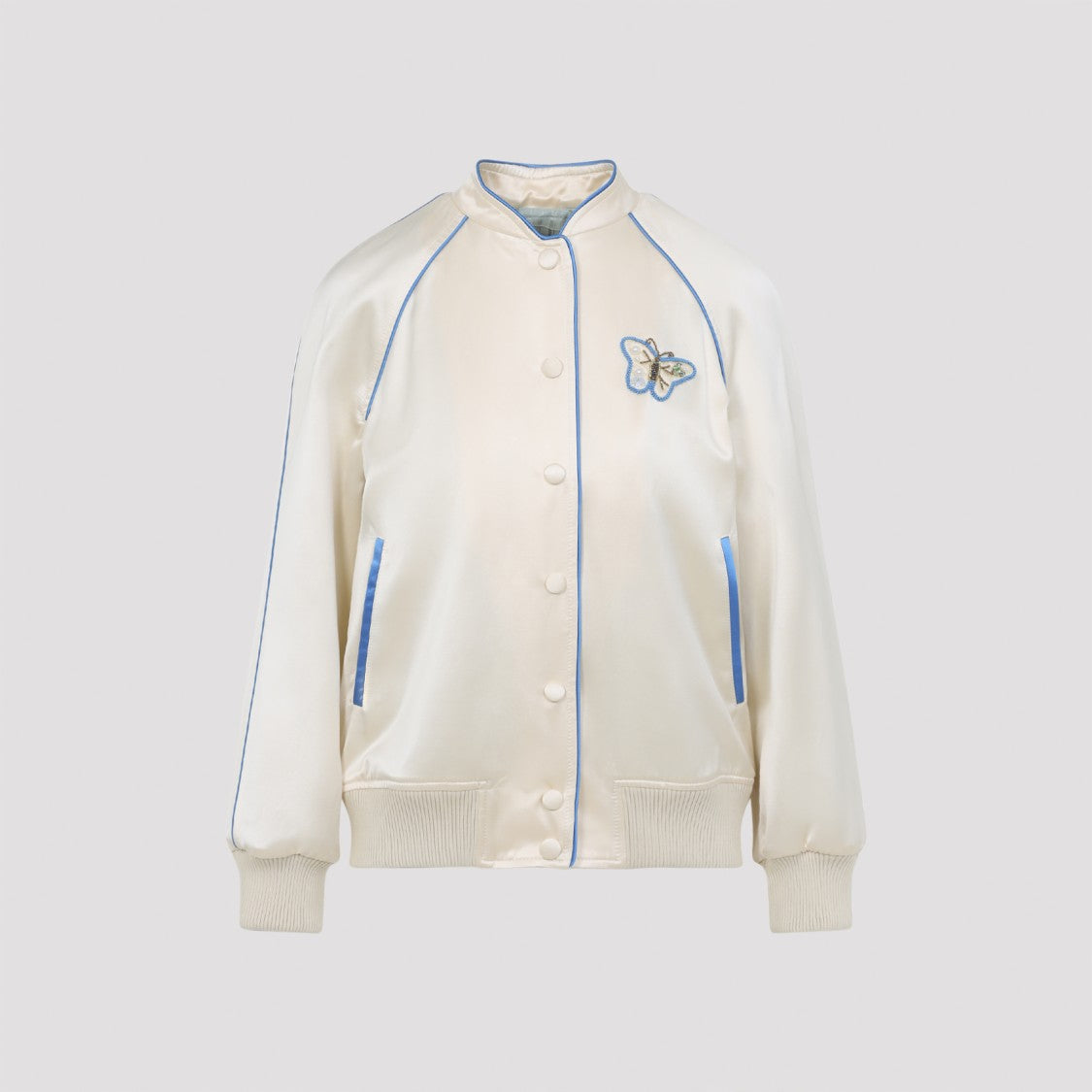 Valentino Satin-Finish Ivory Jacket With Butterfly Embroidery