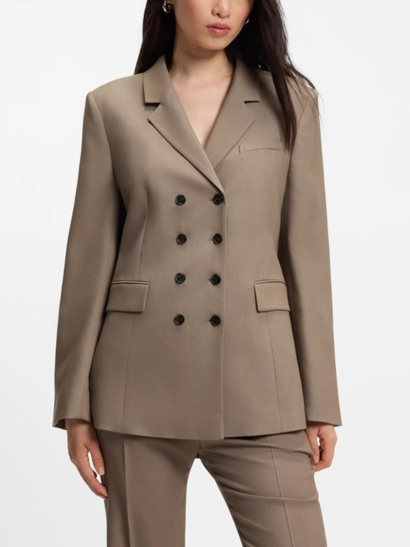 Boss Structured Brown Double-Breasted Blazer With Notched Lapel