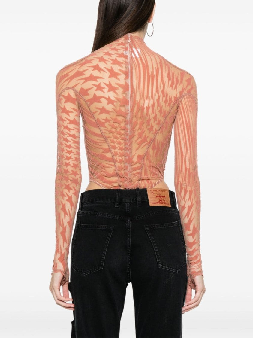 Mugler Peach Pink Stretch Mesh Top
