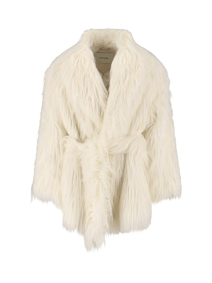 Entire Studios Faux Fur Cream Coat With Adjustable Belt