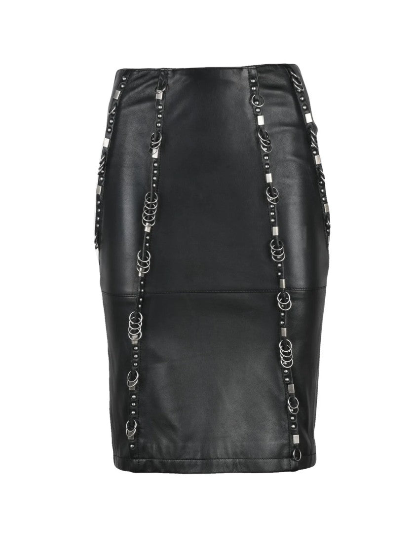 Patrizia Pepe Black Leather Zip Fitted Midi Skirt