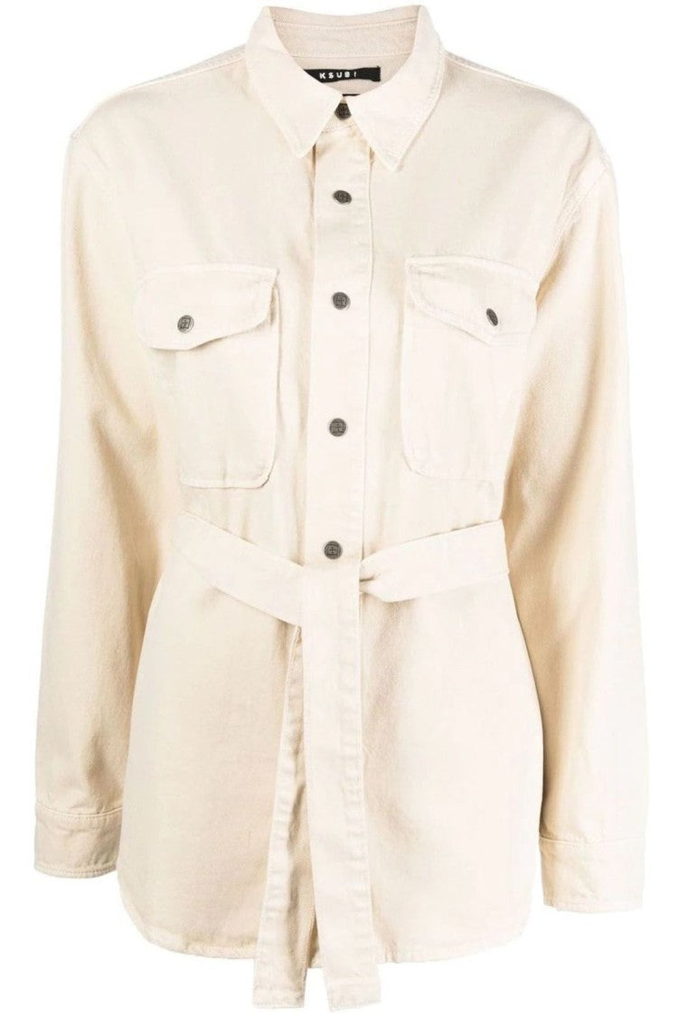 Ksubi Mallow White Voyager Shacket With Belted Waist And Metallic Accents