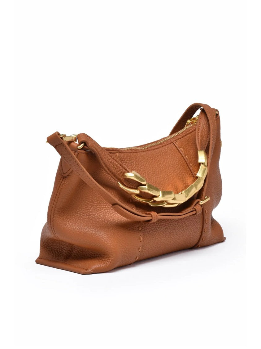 Ermanno Firenze Arabella Shoulder Bag In Textured Cognac Leather With Gold Accents