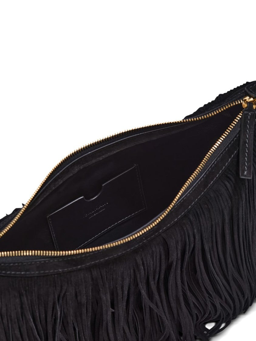 Balmain Black Fringe Detail Suede Shoulder Bag