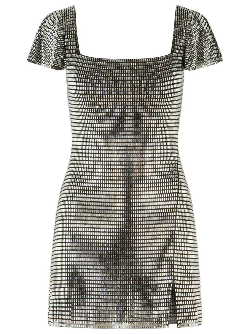 Self-Portrait Grey Rhinestone Flutter-Sleeve Mini Dress