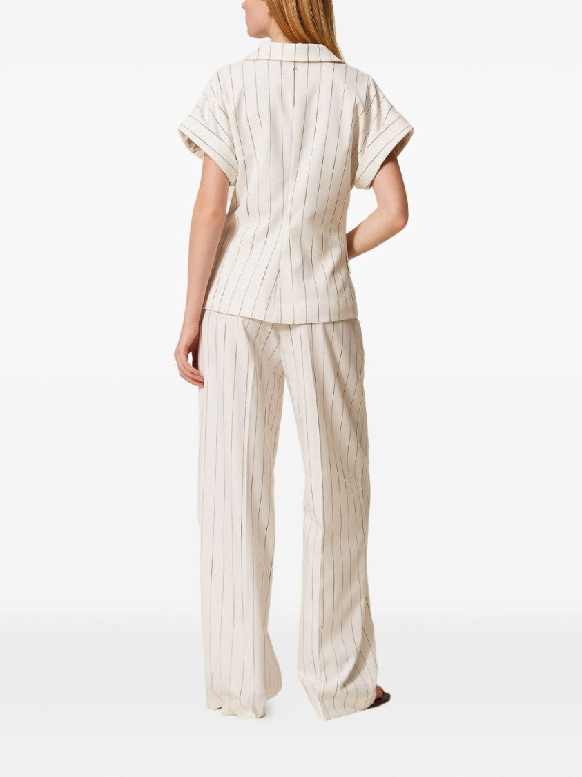 Twin-Set Off-White Pinstripe Palazzo Wide-Leg Pants