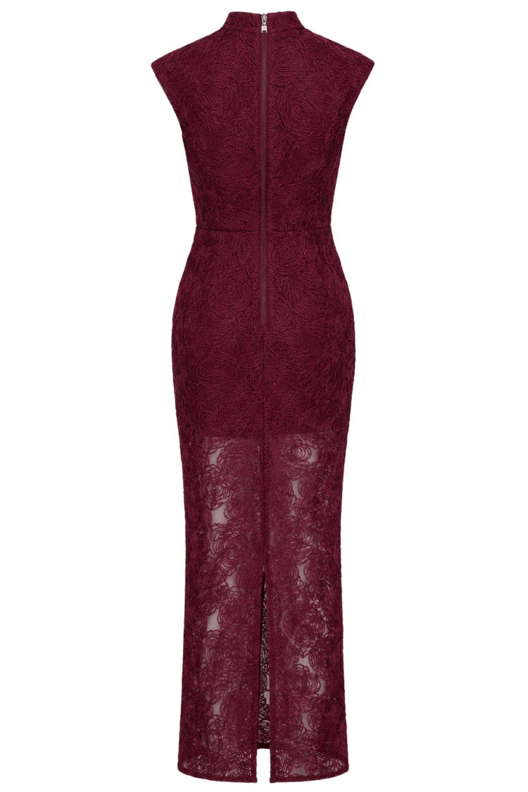 Rotate Burgundy High Neck Textured Floral Mesh Maxi Dress