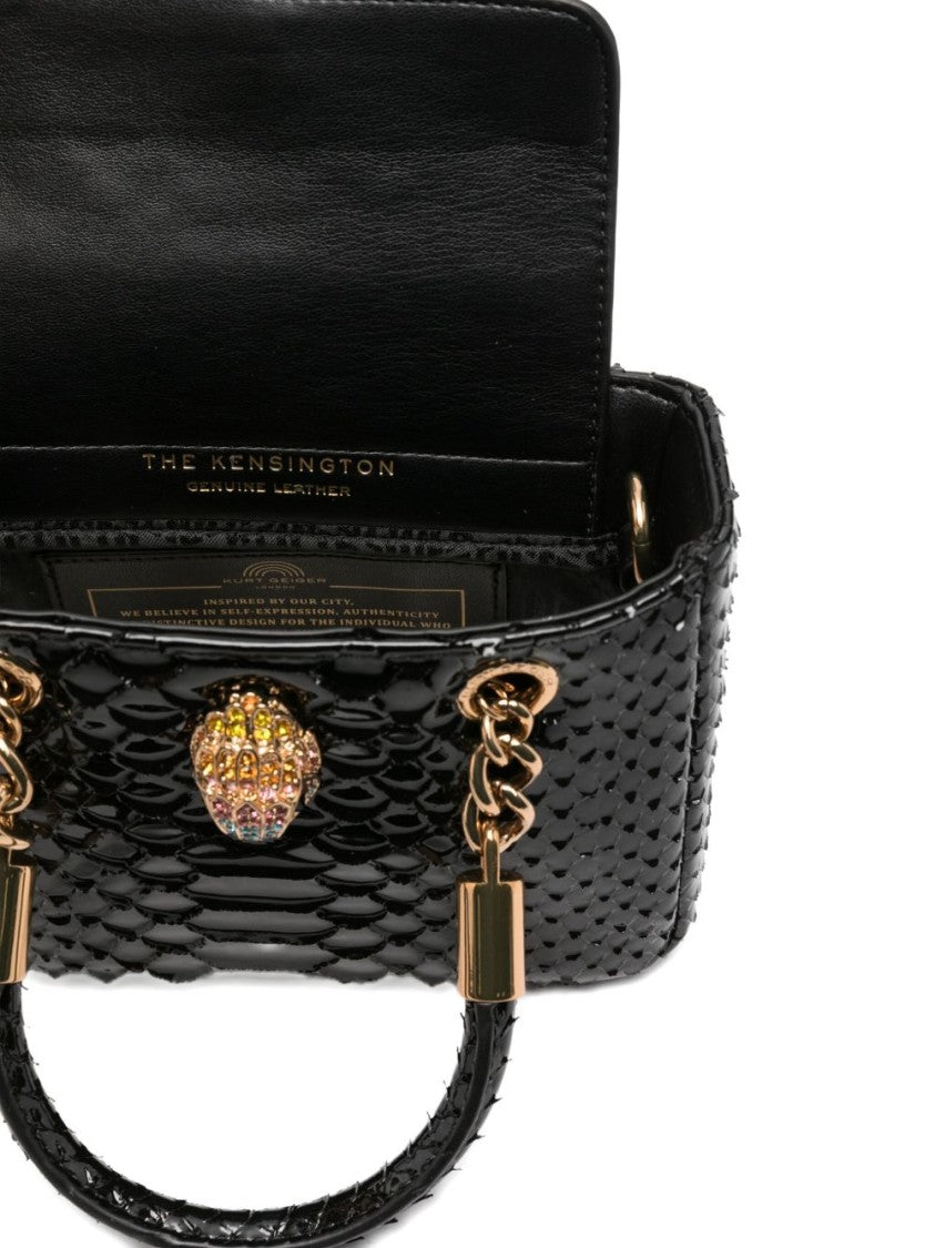 Kurt Geiger Structured Handbag In Glossy Black Snakeskin With Jewel-Encrusted Clasp