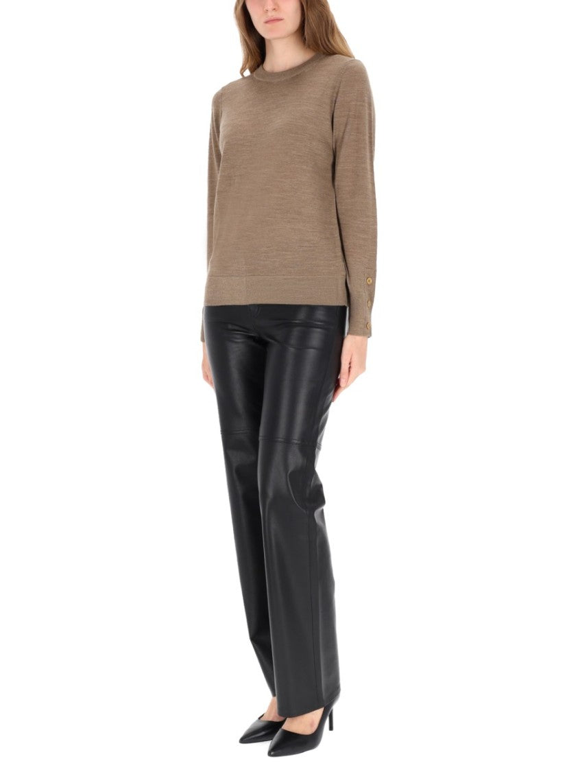 Michael Michael Kors Beige Merino Wool Sweater With Ribbed Cuffs And Button Detail