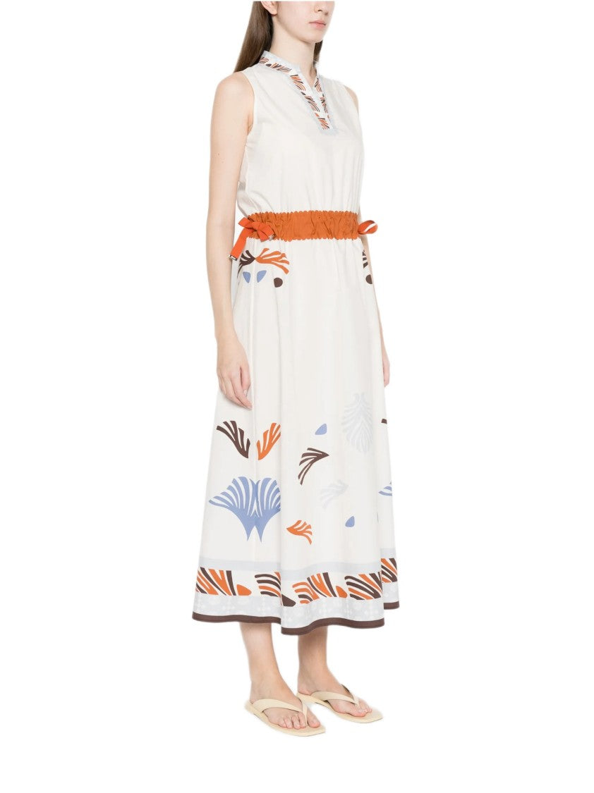 Herno Marine-Print Midi Dress With High Neckline And Drawstring Detail