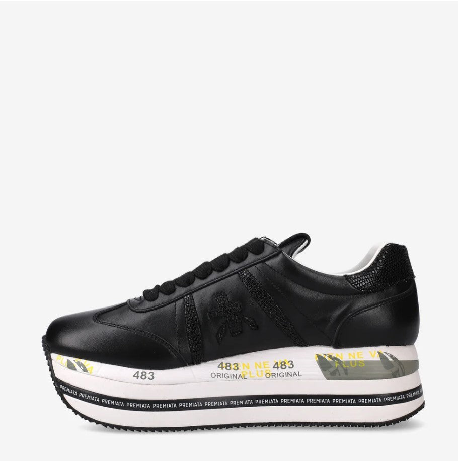 Premiata Black Leather Platform Sneakers With Textured Detailing
