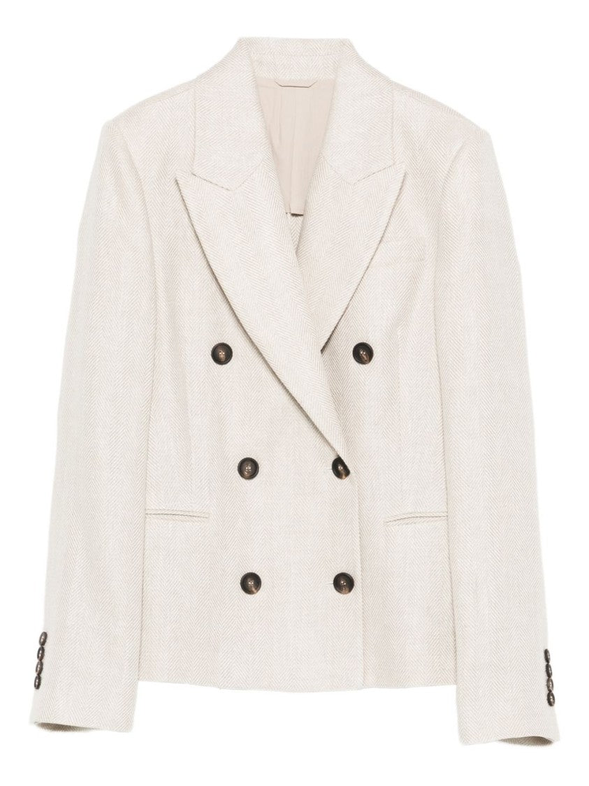 Brunello Cucinelli Beige Herringbone Double-Breasted Blazer