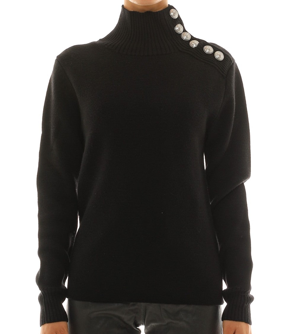 Rabanne Black Virgin Wool Turtleneck Sweater With Silver Buttons