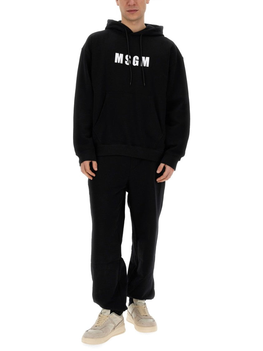 Msgm Black Logo Sweatshirt With Kangaroo Pocket