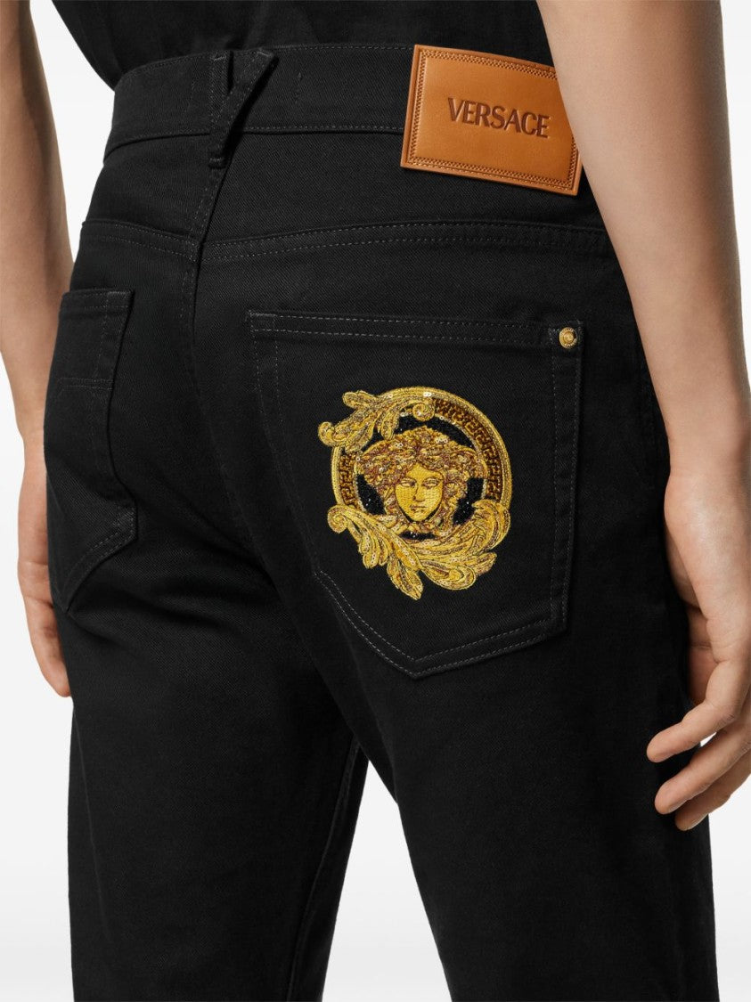 Versace Black Gold-Tone Embroidered Jeans