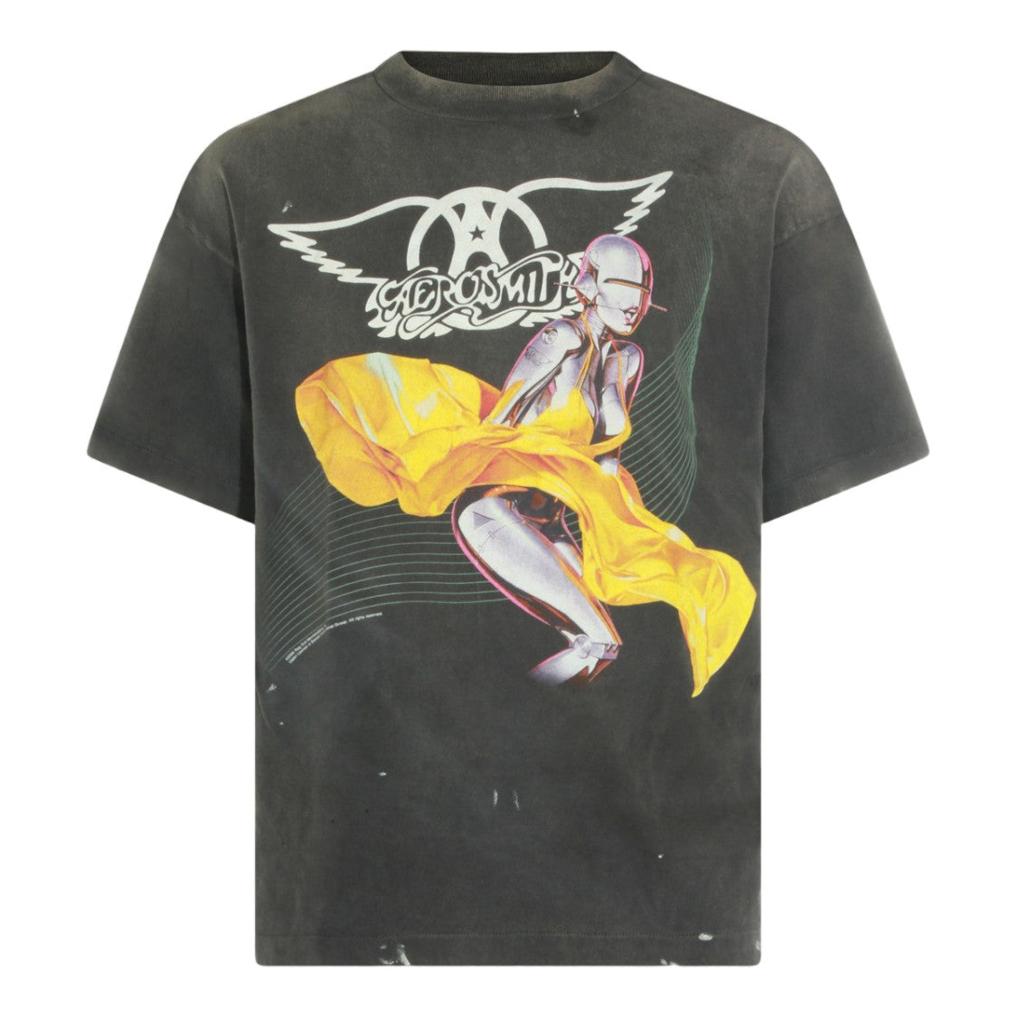 Saint Mxxxxxx Washed Black Graphic T-Shirt With Futuristic Design