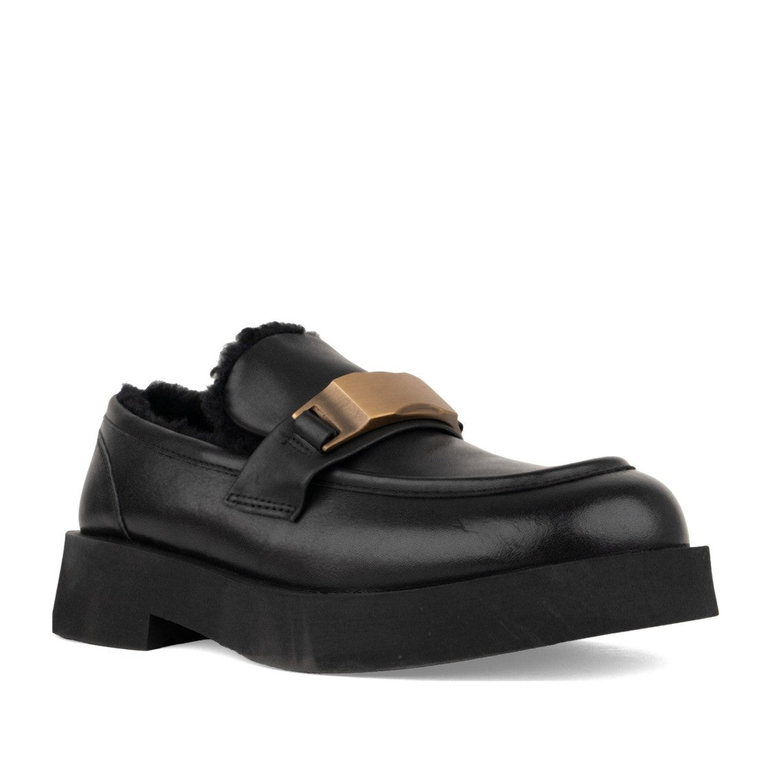 Sergio Moretti Black Fur-Lined Metallic Buckle Chunky Sole Leather Loafers