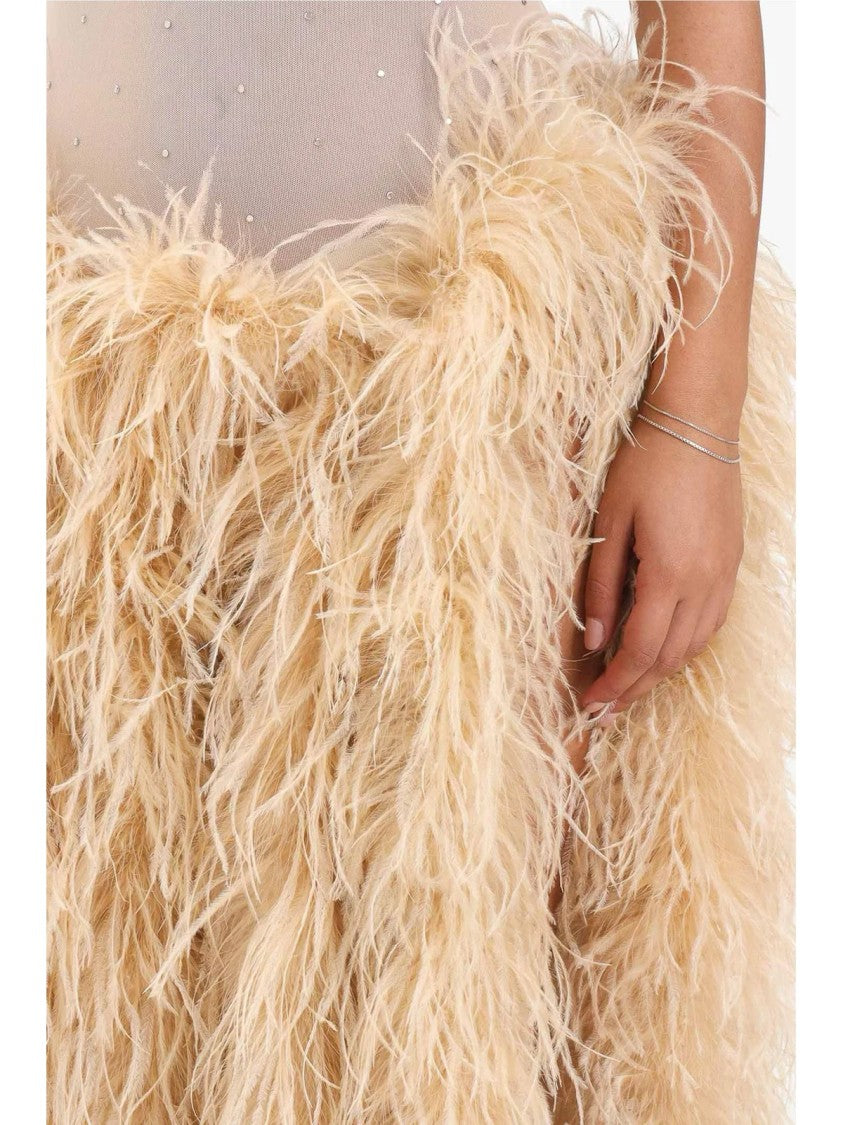 Alma Sanchez Butter Feathered Body Dress With Sheer Upper Bodice