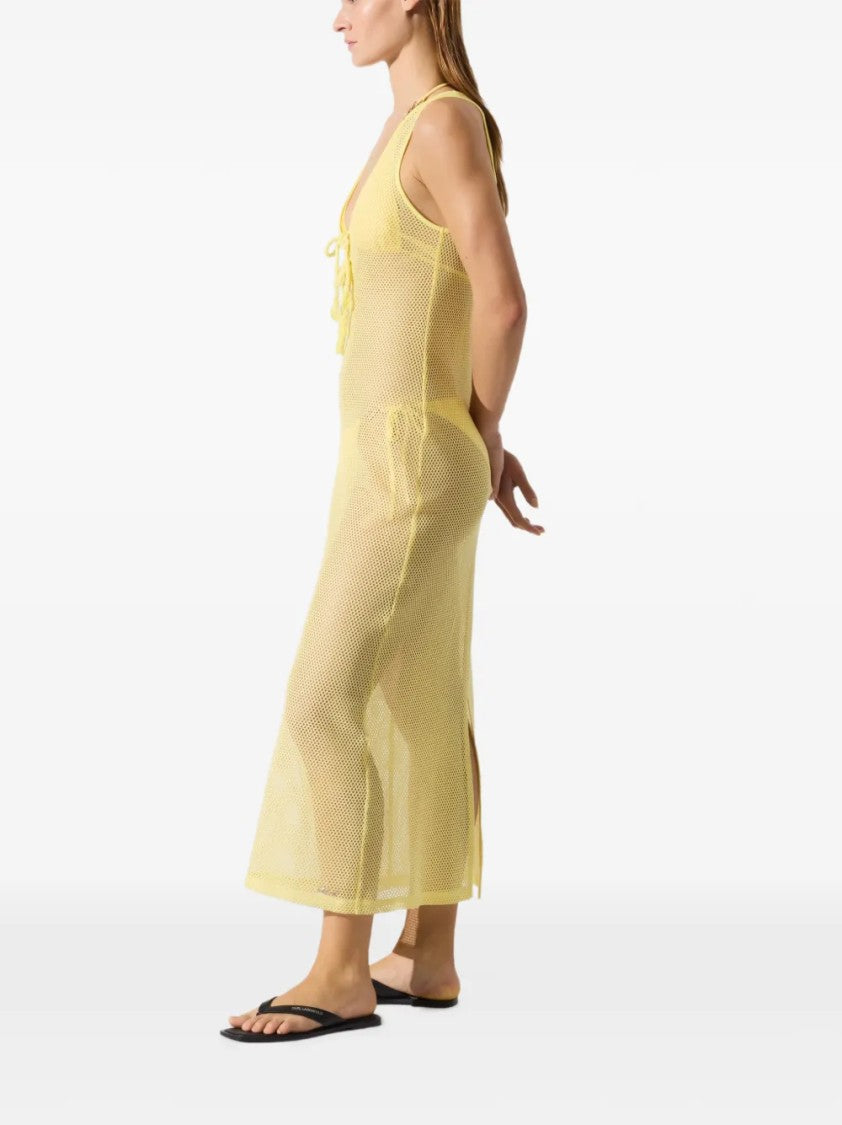 Karl Lagerfeld Sleeveless Long Mesh Dress With Lace-Up Detail