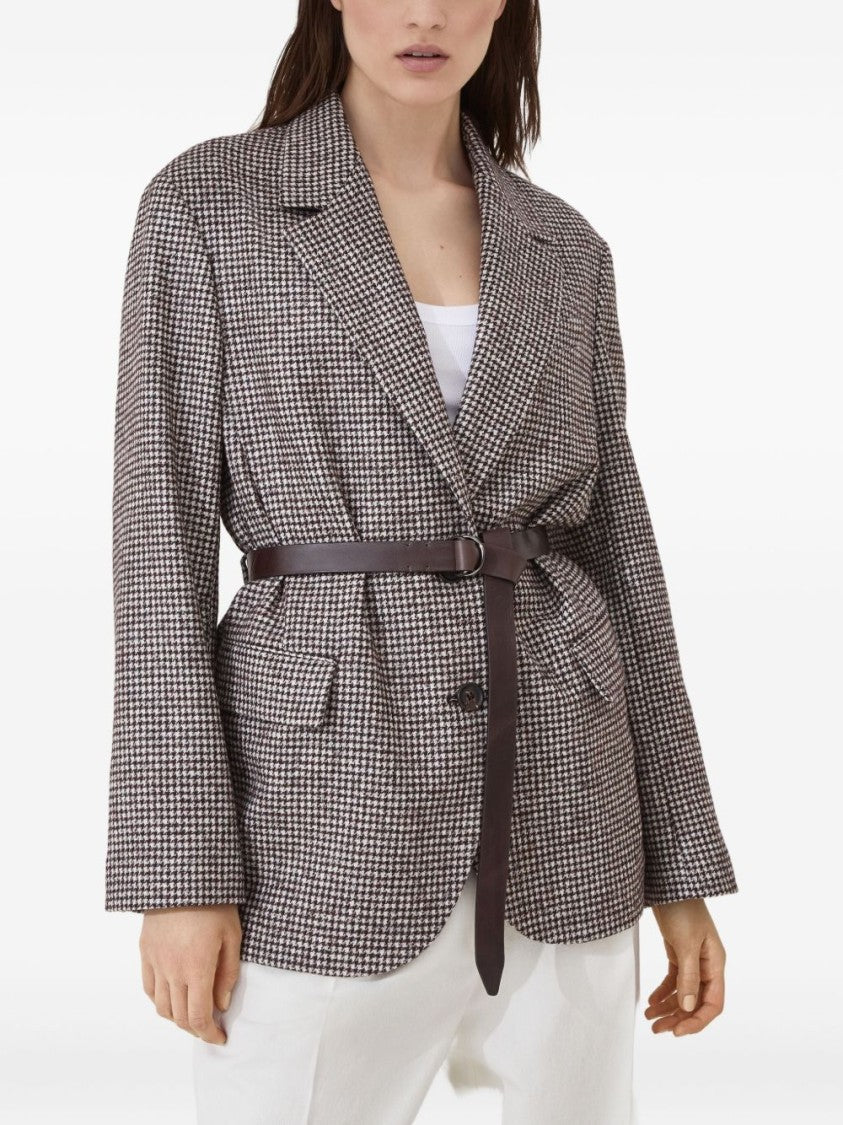Brunello Cucinelli Tailored Houndstooth Jacket With Slim Leather Belt