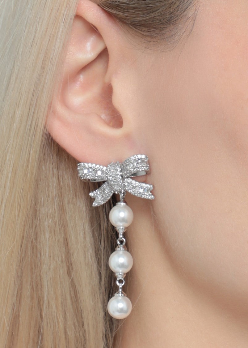 Self-Portrait Crystal Bow Droplet Earrings With Pearl Accents