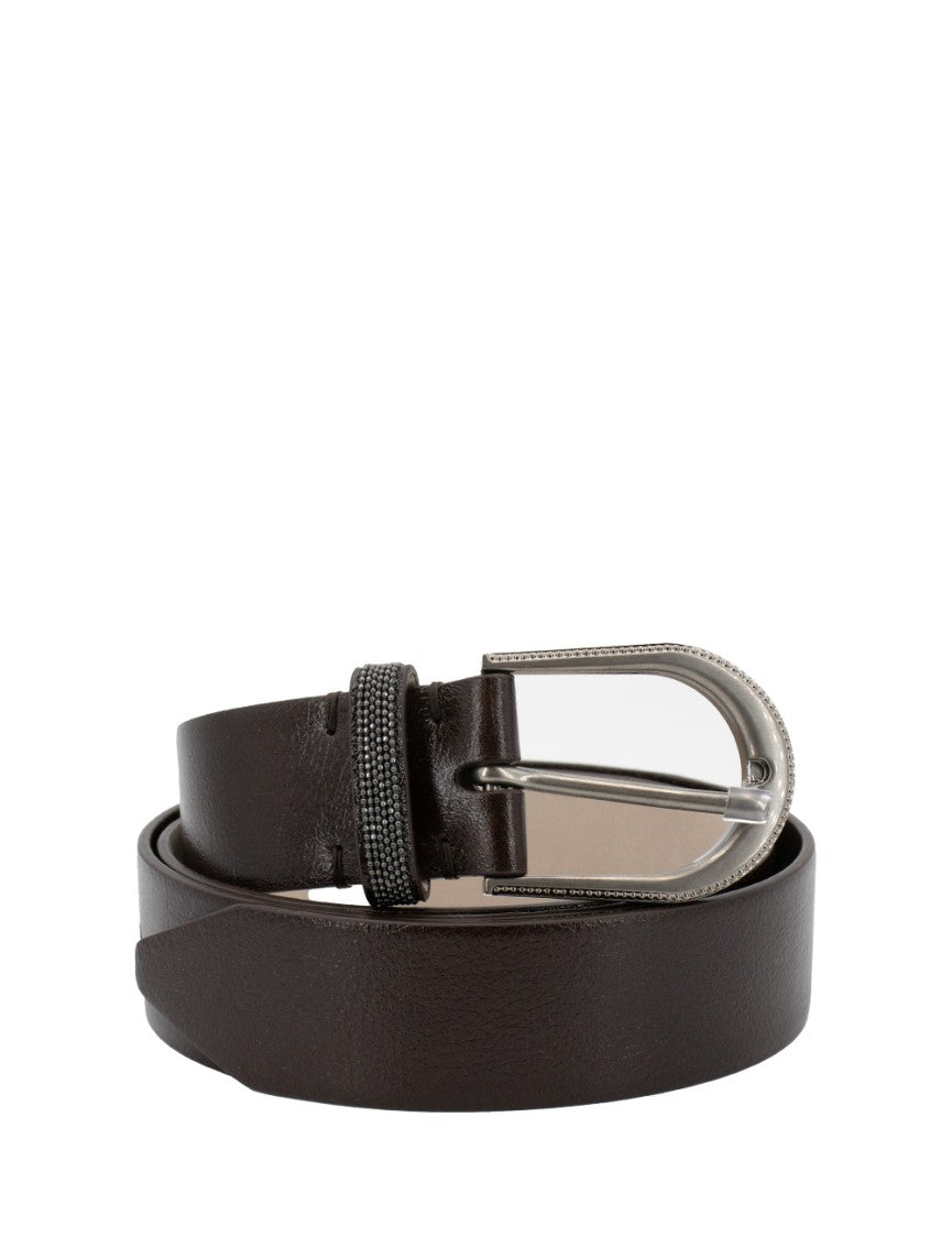 Brunello Cucinelli Brown Leather Belt With Polished Silver-Tone Buckle